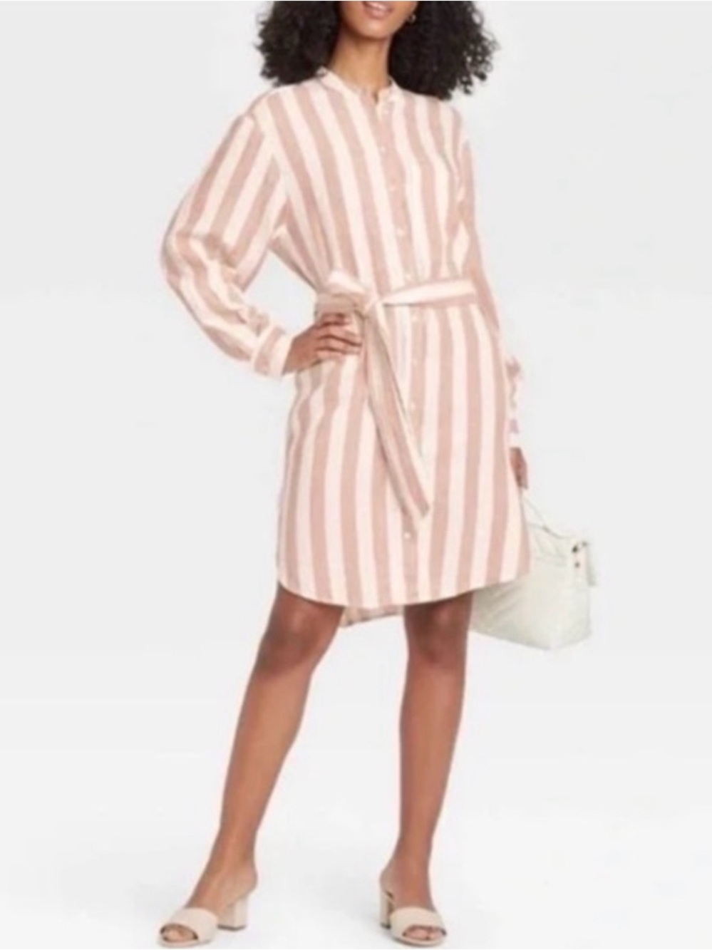NWT A New Day Tan & White Striped Tie Waist Shirt Dress Size Small